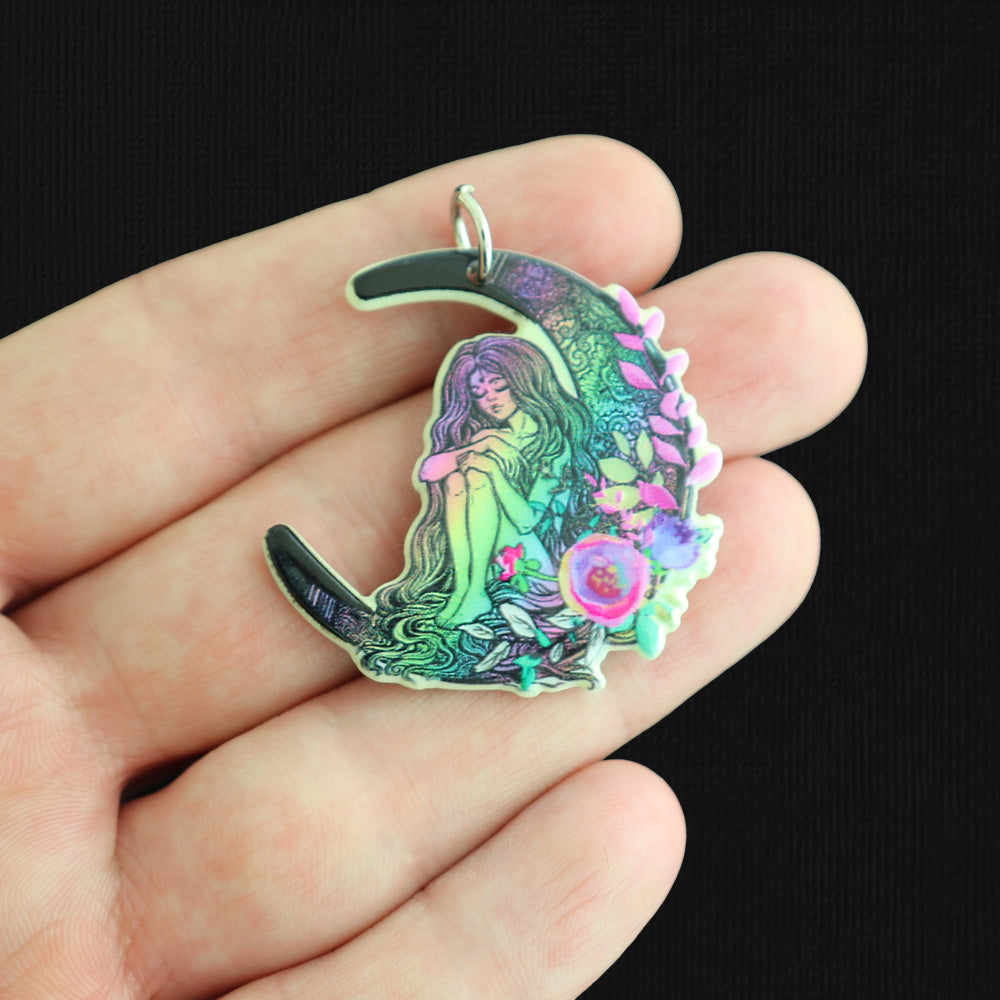 2 Rainbow Crescent Moon Fairy Acrylic Charms 2 Sided - K665
