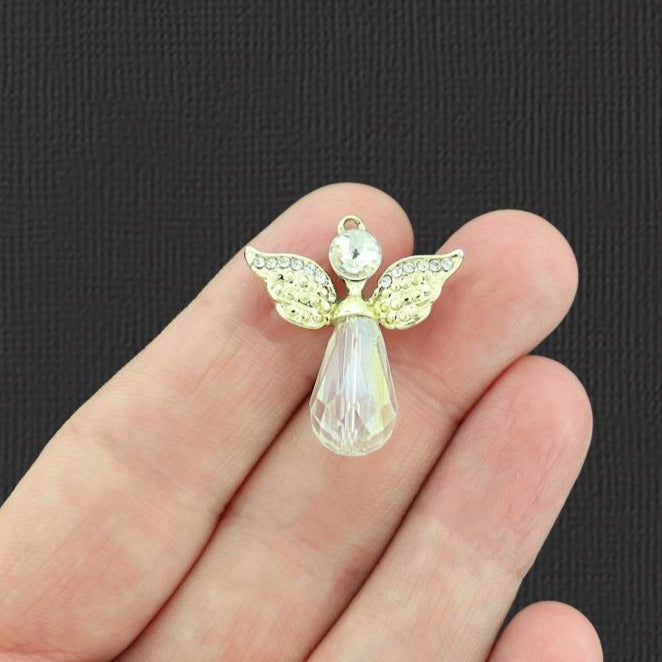 2 Rhinestone Angel Gold Tone Enamel Charms with Inset Rhinestone Wings - XC136