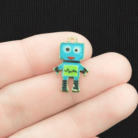2 Robot Gold Tone Enamel Charms - E040