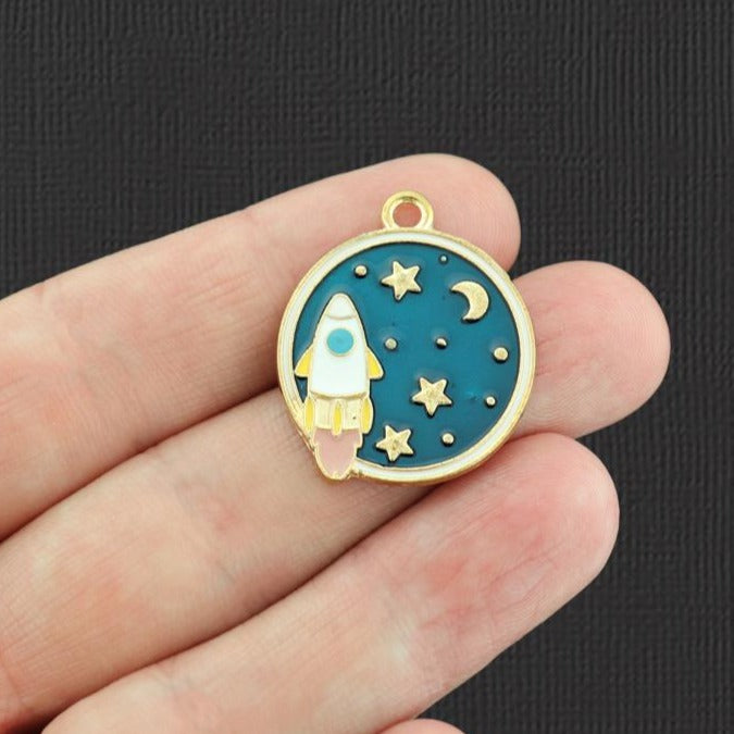 2 Rocket Ship Gold Tone Enamel Charms - E142