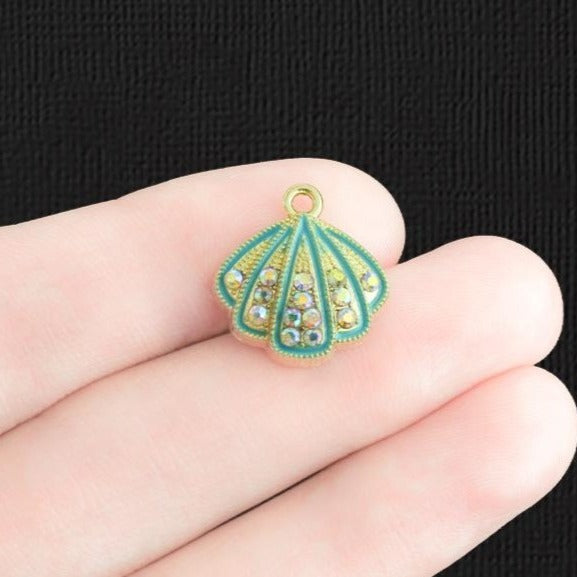 2 Seashell Gold Tone Enamel Charms with Inset Rhinestones - E023