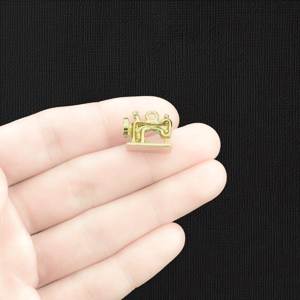 2 Sewing Machine Gold Tone Enamel Charms With Inset Rhinestones - E1350