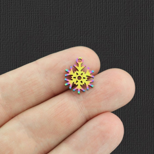 2 breloques en acier inoxydable plaqué arc-en-ciel flocon de neige 2 faces - SSP228