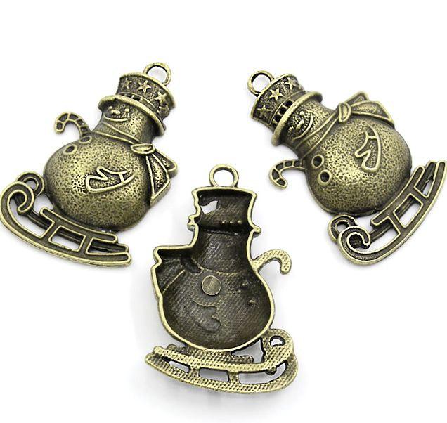2 Snowman Antique Bronze Tone Charms - BC799