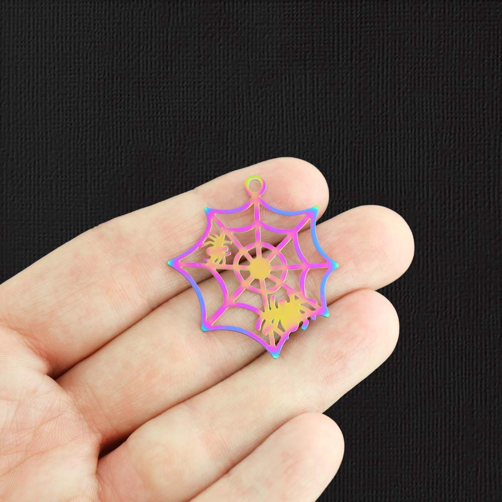 4 breloques en acier inoxydable galvanisé arc-en-ciel toile d'araignée 2 faces - SSP485