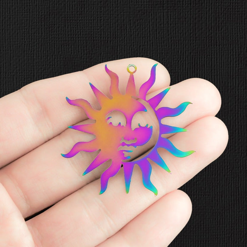 2 breloques en acier inoxydable électrolytique arc-en-ciel soleil 2 faces - SSP375