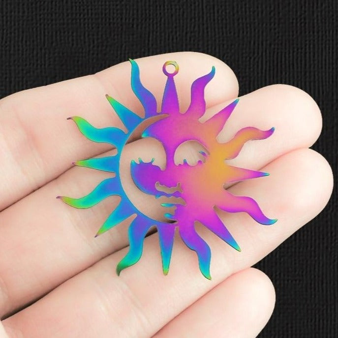 2 breloques en acier inoxydable électrolytique arc-en-ciel soleil 2 faces - SSP375