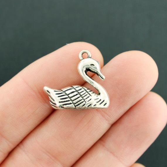 2 Swan Antique Silver Tone Charms 2 Sided - SC7948