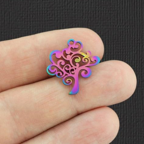 2 breloques en acier inoxydable plaqué arc-en-ciel arbre de vie - SSP121