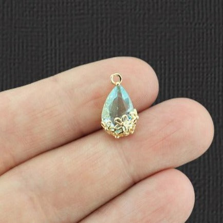 2 Turquoise Glass Pendant Gold Tone Charms - Z253