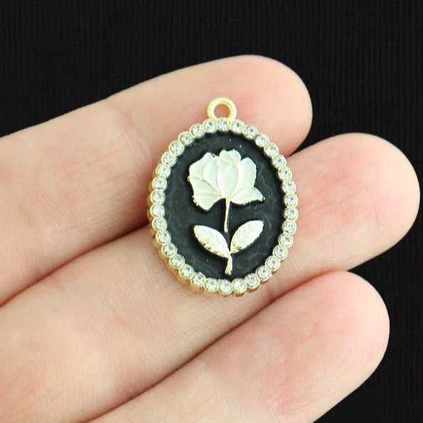 2 White Rose Gold Tone Enamel Charms With Inset Rhinestones - E322