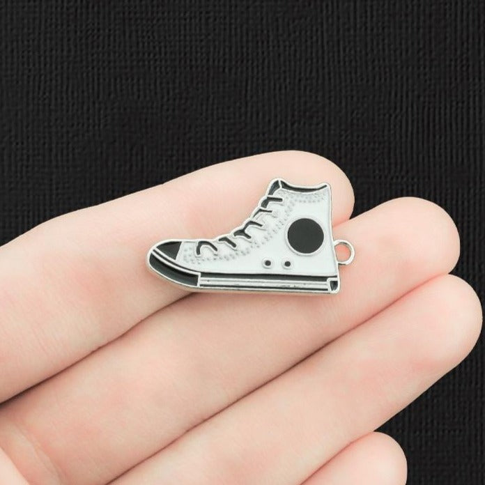 2 White Running Shoe Silver Tone Enamel Charms 2 Sided - E1244