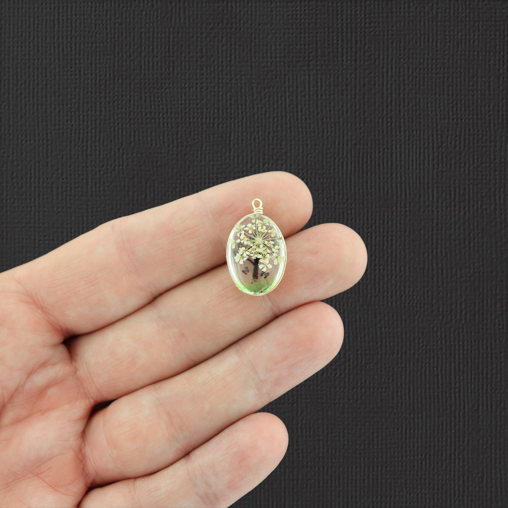 2 White Tree of Life Pressed Flower Glass Pendants - Z1446