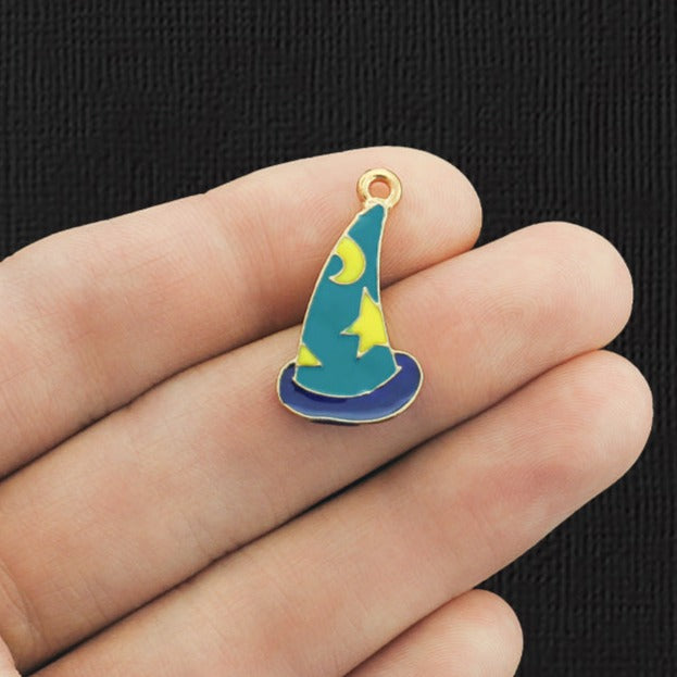 2 Wizard Hat Gold Tone Enamel Charms - E539