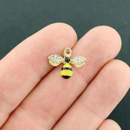 2 Bee Gold Tone Enamel Charms with Inset Rhinestones - E447