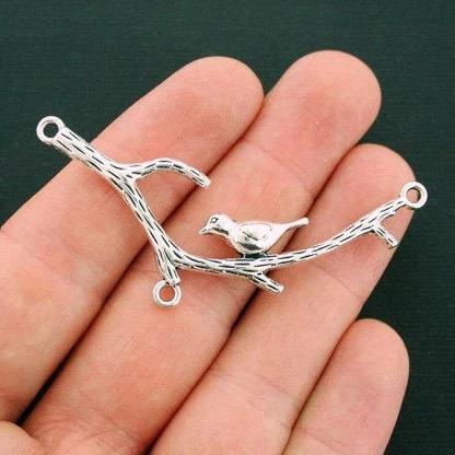2 Bird Branch Connector Antique Silver Tone Charms 2 Sided - SC6146