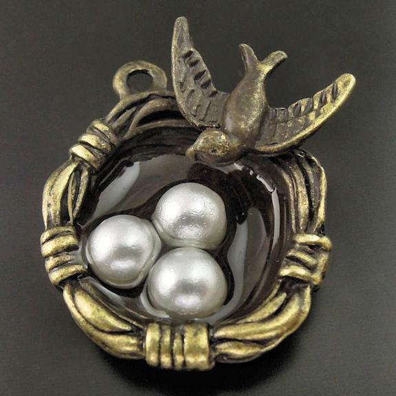 2 Bird Nest Antique Bronze Tone Charms With Imitation Pearls - BC411