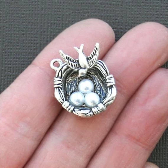 2 Bird Nest Antique Silver Tone Charms with 3 Imitation Pearls - SC1993