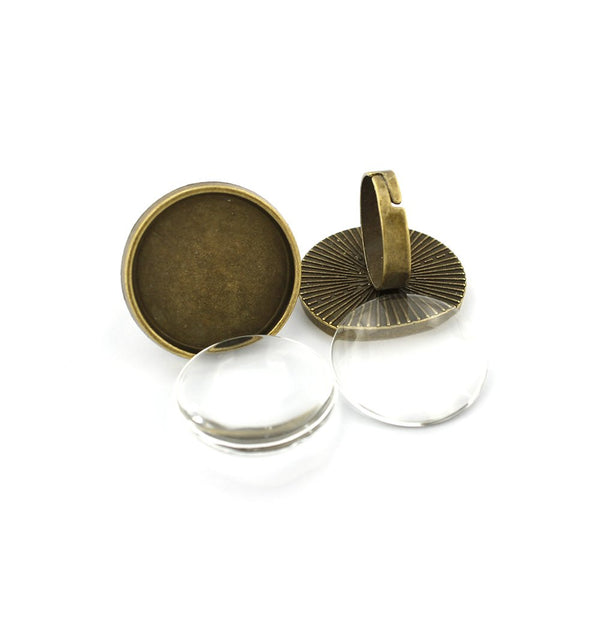 Bases de bague de cabochon de ton bronze antique - Plateau de 24,5 mm - avec joints de dôme en verre - 2 ensembles de 4 pièces - Z856