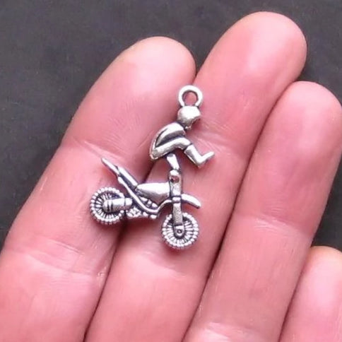 2 BMX Motorcycle Antique Silver Tone Charms 2 Sided - SC927