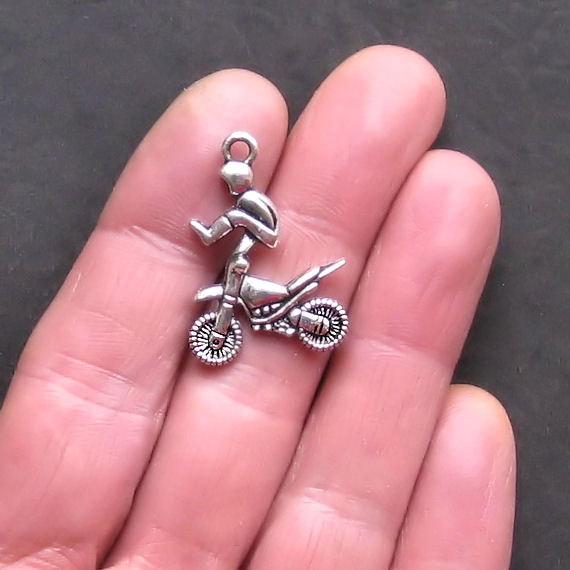 2 BMX Motorcycle Antique Silver Tone Charms 2 Sided - SC927