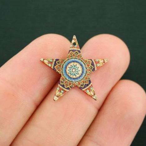 2 Boho Pattern Star Gold Tone Enamel Charms - E446