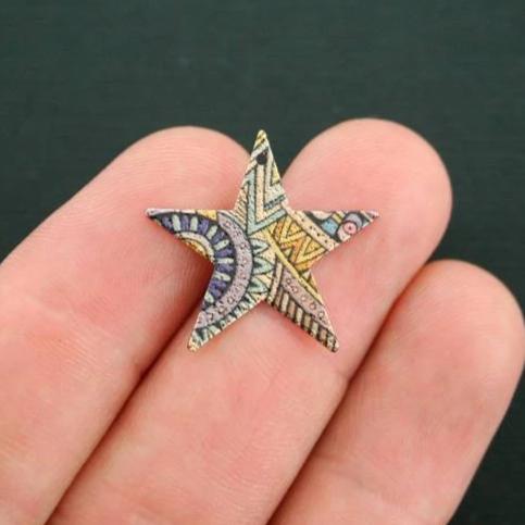 2 Boho Pattern Star Gold Tone Enamel Charms - E452
