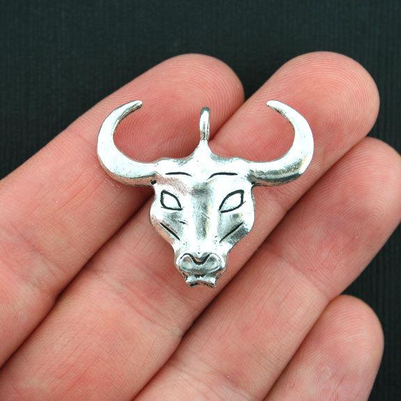 2 Bull Antique Silver Tone Charms 2 Sided - SC1365