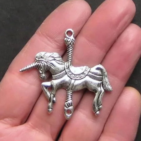 2 Carousel Unicorn Connector Antique Silver Tone Charms - SC1153