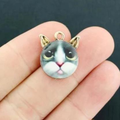 2 Cat Gold Tone Enamel Charms - E684