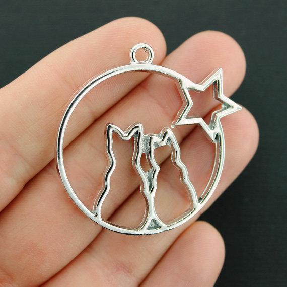 2 Cat Star Antique Silver Tone Charms 2 Sided - SC7617