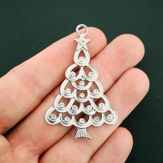 2 Christmas Tree Antique Silver Tone Charms with Inset Rhinestones - XC113