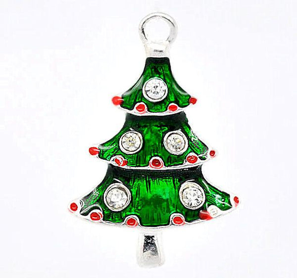 2 Christmas Tree Silver Tone Enamel Charms With Rhinestones - E055