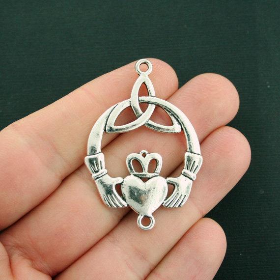 2 Claddagh Connector Antique Silver Tone Charms 2 Sided - SC7580