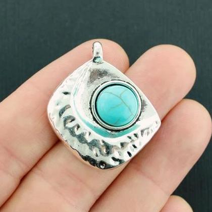 2 Crescent Moon Antique Silver Tone Charms With Imitation Turquoise - SC4055