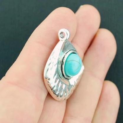 2 Crescent Moon Antique Silver Tone Charms With Imitation Turquoise - SC4055