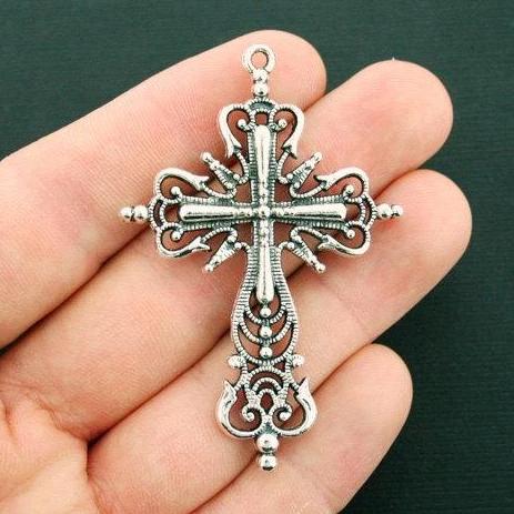 2 Gothic Cross Antique Silver Tone Charms 2 Sided  - SC6315