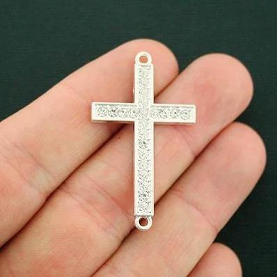 2 Cross Connector Silver Tone Charms With Inset Rhinestones - SC6795