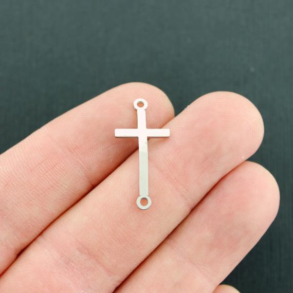 2 Cross Silver Tone Stainless Steel Connector Charms - MT689