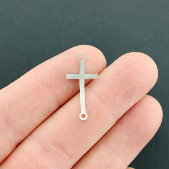 2 Cross Silver Tone Stainless Steel Connector Charms - MT689