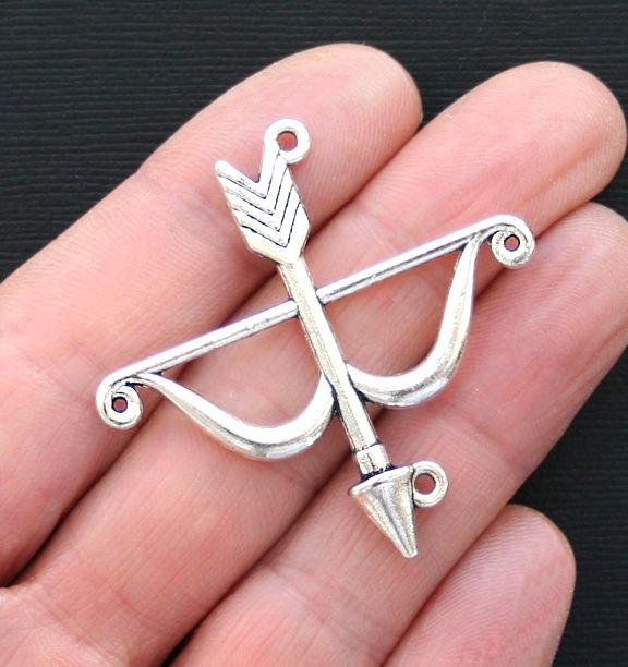 2 Bow and Arrow Connectors Antique Silver Tone Charms 2 Sided - SC3176