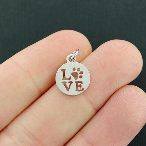 2 Paw Print Love Silver Tone Stainless Steel Charms with Attached Jump Ring - FD727