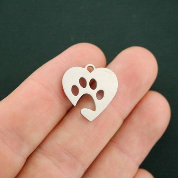 2 Dog Paw Heart Stainless Steel Charms Stamping Tags - 19mm x 20mm - MT602