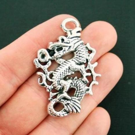 2 Dragon Antique Silver Tone Charms - SC5266