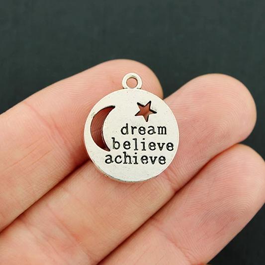 2 Dream Believe Achieve Antique Silver Tone Charms 2 Sided  - SC5479