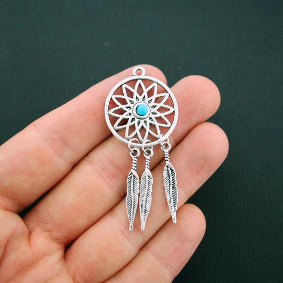 2 Dream Catcher Antique Silver Tone Charms with Imitation Turquoise - SC5780