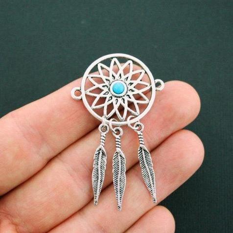 2 Dream Catcher Connector Antique Silver Tone Charms with Imitation Turquoise - SC5781