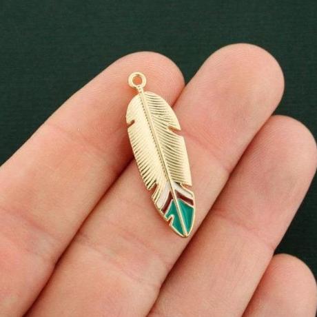 2 Feather Gold Tone Enamel Charms - E608