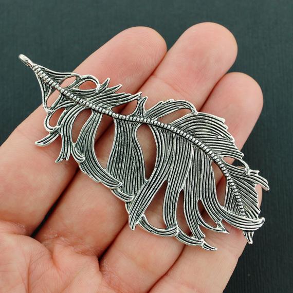 2 Feather Antique Silver Tone Charms 2 Sided - SC2293