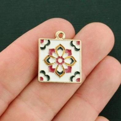 2 Flower Square Gold Tone Enamel Charms - E604